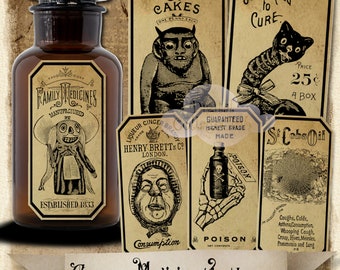 Vintage Creepy Medicine Halloween Apothecary Labels Digital Images Scrapbooking Card Making Gift Tags Journaling Cards Paper Craft Penpal