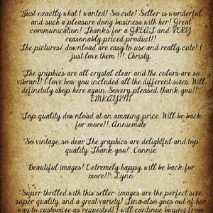 May include: Five-star reviews for a digital download of graphics. The reviews highlight the quality, clarity, and variety of the graphics, as well as the seller's excellent customer service. The text includes quotes from satisfied customers.
