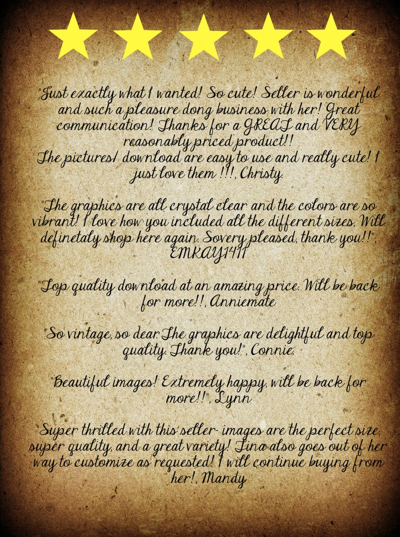 May include: Five-star reviews for a digital download of graphics. The reviews highlight the quality, clarity, and variety of the graphics, as well as the seller's excellent customer service. The text includes quotes from satisfied customers.