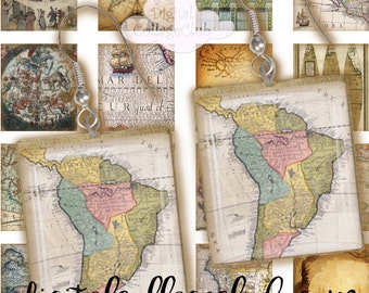 Antique Old Vintage Map Digital Scrabble Tiles Collage Sheet Printable Graphics Map Art Print Images for Jewelry Making Map Necklace Penpal