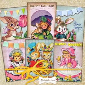 Vintage Ostern Party Tags Schmuck Halter Digital Collage Sheet 2,5 x 3,5 Geschenkanhänger Etiketten Ephemera Scrapbooking Zubehör Kinderbilder