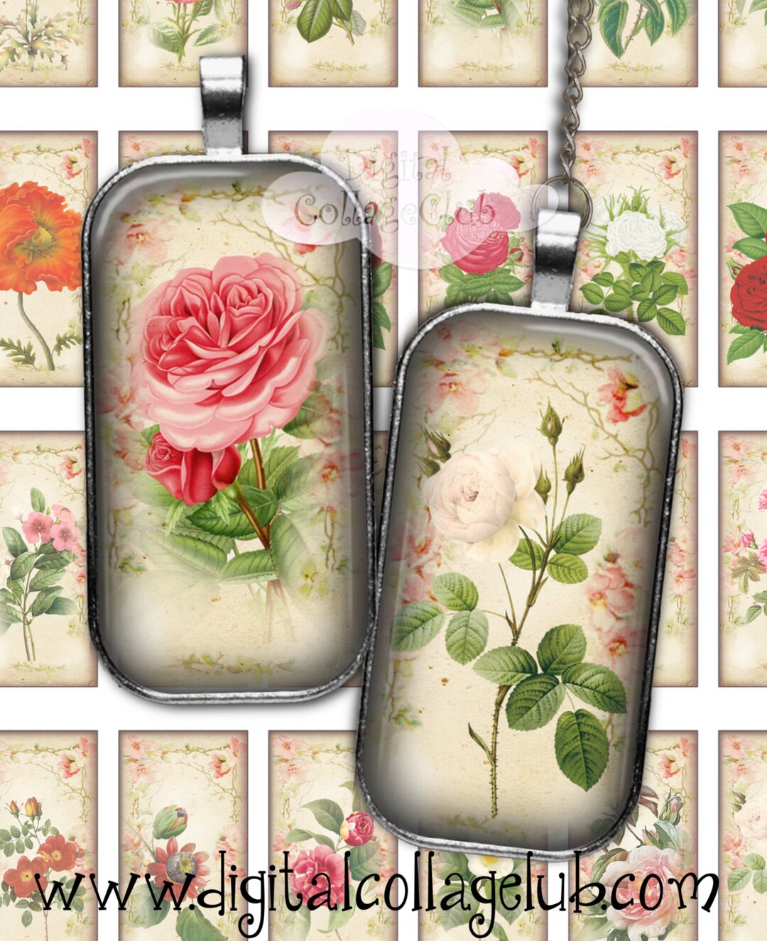 Vintage Shabby Chic Flower 1 X 2 Digital Collage Sheet Domino Rectangle ...