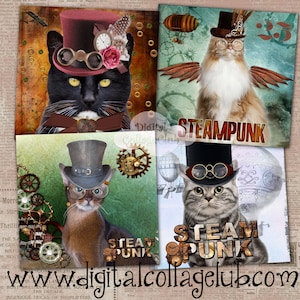 Dessous de verre numérique Steampunk Cat 4 x 10 pouces Grandes images pour la fabrication de cartes, la tenue d'un journal, le découpage, l'ATC, une feuille de collage numérique