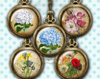 Imágenes de tapones de botellas con flores victorianas, hoja de collage digital, imágenes redondas, círculos de botones de 1 pulgada, artículos de papelería para diarios y álbumes de recortes.