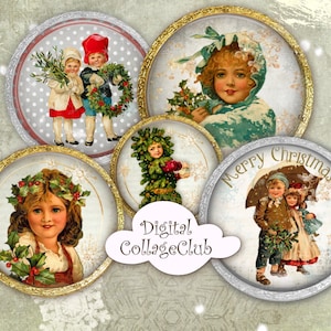 Vintage Victorian Christmas Round Images for Jewelry Making 2.5 Inch Circle Digital Collage  Cupcake Topper Printable Journaling Paper Craft