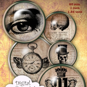 Peut inclure: Ensemble de six cabochons en verre de 3,17 cm de diamètre avec des images vintage. Les images comprennent un œil, un crâne, une montre de poche avec des ailes, un crâne portant un chapeau haut de forme, une couronne avec des ailes et une carte postale avec du texte français.