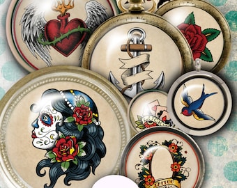 Retro Vintage Tattoo - cyfrowy arkusz kolażu, cyfrowe obrazy, wisiorki, tworzenie biżuterii, obrazy kapsli, okrągłe obrazy, dzienniki, scrapbooking
