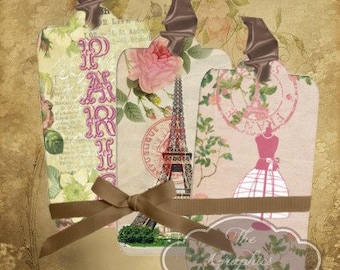 Pink Paris Digital Collage Sheet Tags Labels Decorations Favor Tags Digital Graphics Gift Tags Eiffel Tower Print Paris Decor Scrapbooking