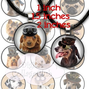 Steampunk Dogs Digital Collage Sheet 1 inch, 1.5 and 2 inches Circle Round Images for Bottle Caps, Jewelry Making, Scrapbooking Journalling