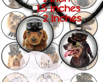 Lámina digital de collage de perros Steampunk con imágenes circulares de 1 pulgada, 1,5 y 2 pulgadas para tapas de botellas, fabricación de joyas, álbumes de recortes y diarios.