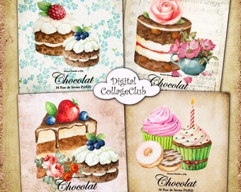 Shabby Chic French Cupcakes and Cakes - 3.8x3.8 inch Digital Collage Sheet Printable Digital Images for Coasters Greeting Cards Journaling