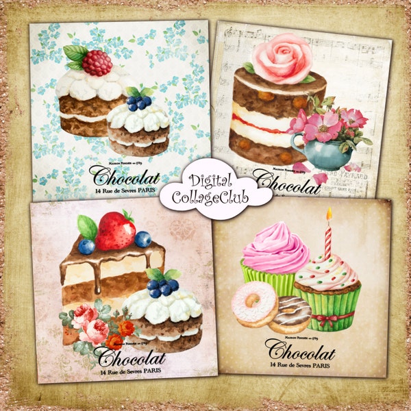 Shabby Chic French Cupcakes and Cakes - 3.8x3.8 inch Digital Collage Sheet Printable Digital Images for Coasters Greeting Cards Journaling