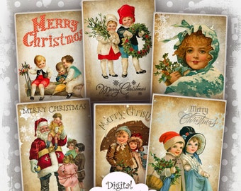 Viktorianische Vintage-Weihnachtskarten mit Kindern (ATC-Karten) – Digitale Collage zum Download – Weihnachtsmotive – Schmuckhalter – Weihnachtskarten – Journaling