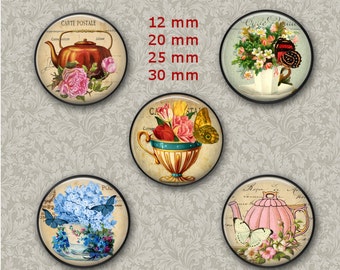 12 mm, 20mm, 30 mm, 1 inch Shabby Chic Tea Time Party Digital Collage Sheets Bottle Cap Images Magnets, Stickers, Buttons Scrapbook SUpplies