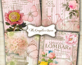 May include: A digital collage featuring pink and white flowers, butterflies, and a vintage bicycle. The background is a pink and white striped pattern with text and numbers. The text "The Graphics Queen" is in a gold frame.