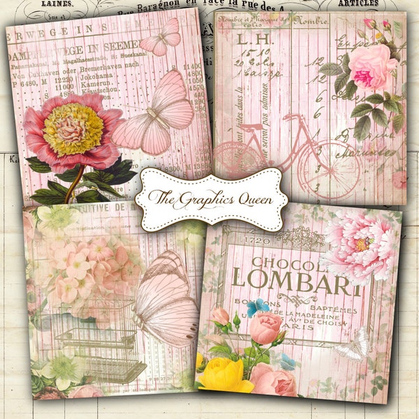 Shabby Chic French Sweet Cottage Digital Collage Sheets 3.8 x 3.8 inches Square Images for Coasters, Digital Cards, Tags, ATC Journalling