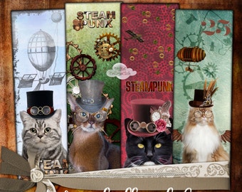 Steampunk-Katze: Digitale Collage, digitales Lesezeichen, große Bilder, Tags, Scrapbooking, Decoupage, Kartenbasteln, Journaling