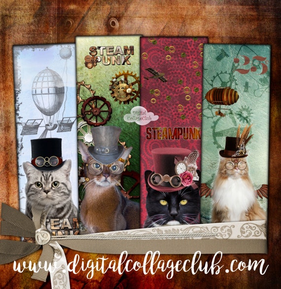 Steampunk Cat Digital Collage Sheet Digital Bookmark Large Images Tags, Scrapbooking, Decoupage, Card Making, Journaling