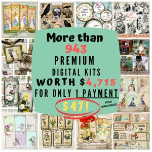 May include: A collage of images promoting a digital kit bundle. The text reads "More than 943 Premium Digital Kits Worth $4,715 for Only 1 Payment $47!"