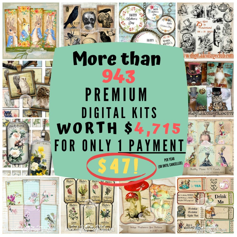 May include: A collage of images promoting a digital kit bundle. The text reads "More than 943 Premium Digital Kits Worth $4,715 for Only 1 Payment $47!"