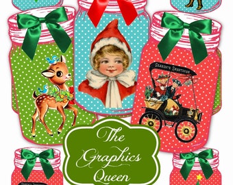 Vintage Retro Christmas Mason Jar Labels Tags Collage Christmas Images Apothecary Jar Instant Digital Download Journaling Cardmaking Penpal