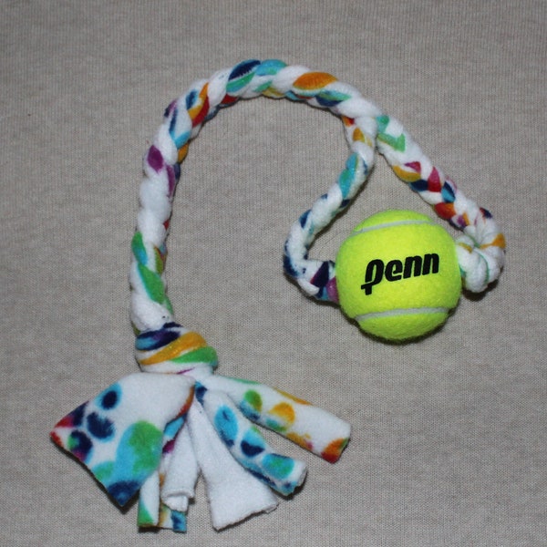 Tie-Dye & White Pawprint Braided Fleece Rope Pull Toy with Tennis Ball for Dog