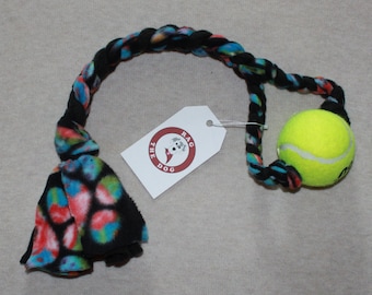 Tie-Dye & Black Pawprint Braided Fleece Rope Pull Toy with Tennis Ball for Dog