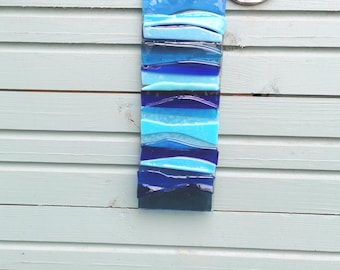 Blue Fused Glass Ocean Wave Suncatcher: Nautical Coastal Art