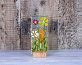 Wild Flower Fused Glass Sun Catcher with an Sage Wood Stand. Floral Art. Spring Summer Colourful Flowers