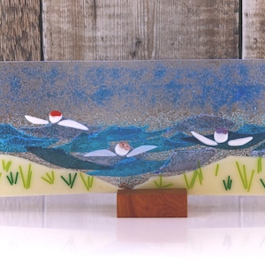 Cold Water Swimming Ocean Wave Fused Glass Suncatcher with a Wood Stand, Cold Swimmers Gift, Wild Swim Picture, Open water swimming Gift