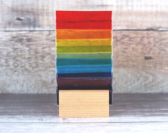 Rainbow Fused Glass Suncatcher with Wood Stand: Unique Home Decor