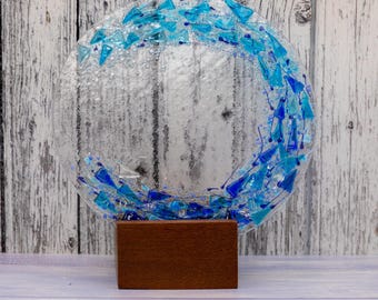 Ocean Wave Blue Fused Glass Picture with a Wood Stand, Nautical Coastal Theme Art, Blue Glass Wave Present, Beach Lover Gift