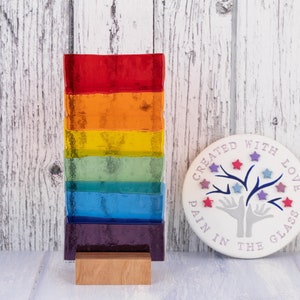 Rainbow Fused Glass Suncatcher with a Wood Stand, Rainbow Lover Gift, New Home Gift, Glass Rainbow Present