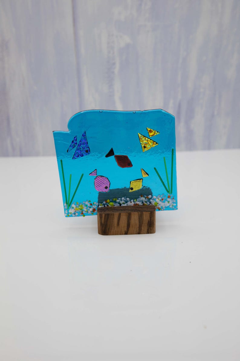 Fish Tank Mini Fused Glass Picture on a Wood Stand. Fish Aquarium Art