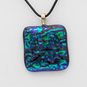 Blue Black Green Dichroic Iridescent Fused Glass Pendant, Colour Changing Glass Pendant, Dichroic Sparkly Glass Pendant with Chain