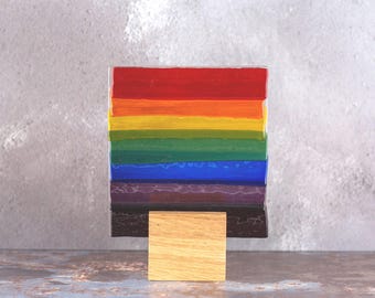 Rainbow Fused Glass Suncatcher with a Wood Stand, Rainbow Lover Gift, Rainbow Suncatcher Present