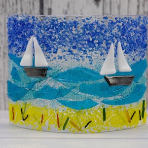 Sailing Boat Fused Glass Arc Suncatcher, Glass Boating Coastal Suncatcher, Glass Beach Art, Sail Boat Lover Gift