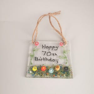 Mini Happy Birthday 70th Fused Glass Sun Catcher, Special 70th Birthday Gift, Personalised 70th Birthday Gift