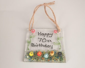 Mini Happy Birthday 70th Fused Glass Sun Catcher, Special 70th Birthday Gift, Personalised 70th Birthday Gift