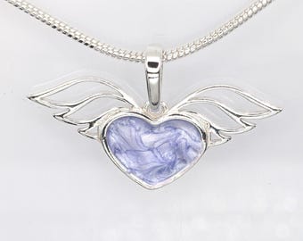 Heart and Wings Ashes Fur Cremains Resin Pendant, 925 Sterling Silver Resin Heart Necklace for Hair Fur Ashes, Memorial Heart Keepsake Gift