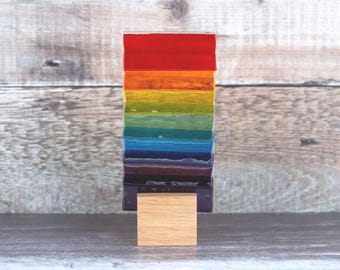 Rainbow Fused Glass Suncatcher with a Wood Stand, Rainbow Gift Idea, Rainbow Lover Present