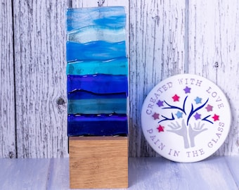 Ocean Wave Blue Fused Glass Sun Catcher Panel with a Wood Stand, Coastal Beach Theme Gift, Blue Glass Wave Gift