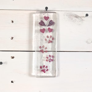Paw Print Fused Glass Suncatcher, Copper Hearts and Paw Print Hanging Wall Art, Cat Dog Animal Lover Suncatcher Gift