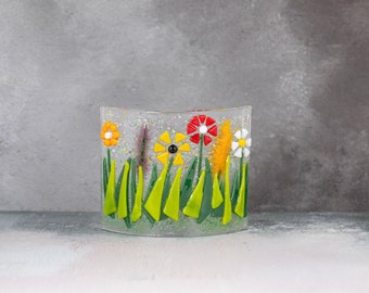 Colourful Wild Flower Fused Glass Sun Catcher Curved Panel. Spring Flowers. Summer Floral Art