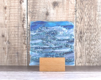 Blue Fused Glass Ocean Wave Suncatcher with Oak Stand: Coastal Art