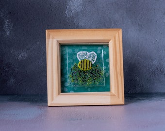 Mini Bumble Bee Fused Glass Framed Picture. Cute Bee Art. Small Bee Decor