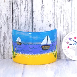 Sailing Boat Fused Glass Curved Boating Suncatcher, Coastal Beach Theme Gift, Sailing Gift Idea, Boating Lover Present, Sailing Boat Gift