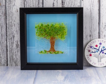 Spring Tree Fused Glass Picture. Tree of Life Art. Framed GreenTree Art