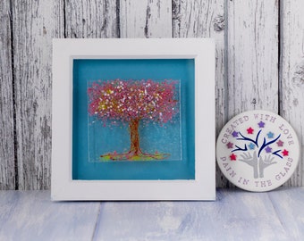Pink Cherry Blossom Tree Fused Glass Picture. Pink Tree Art. Framed Cherry Tree Art