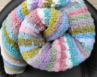 Crochet Blanket Large Throw. Pastel Spring Colour Stripe Hand Crafted